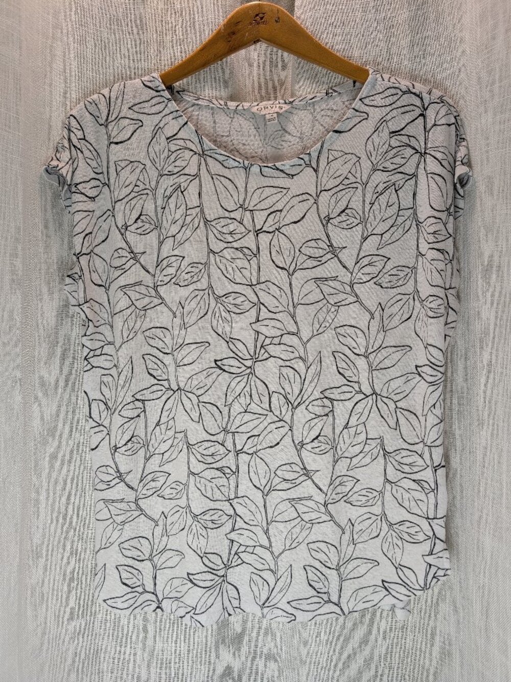 Orvis Women's Linen Blend White & Black Leaf Print Top Shirt Size L